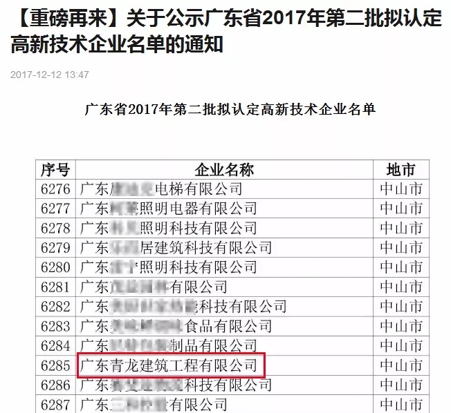 青龍廣東公司入選高新技術企業 防水工程